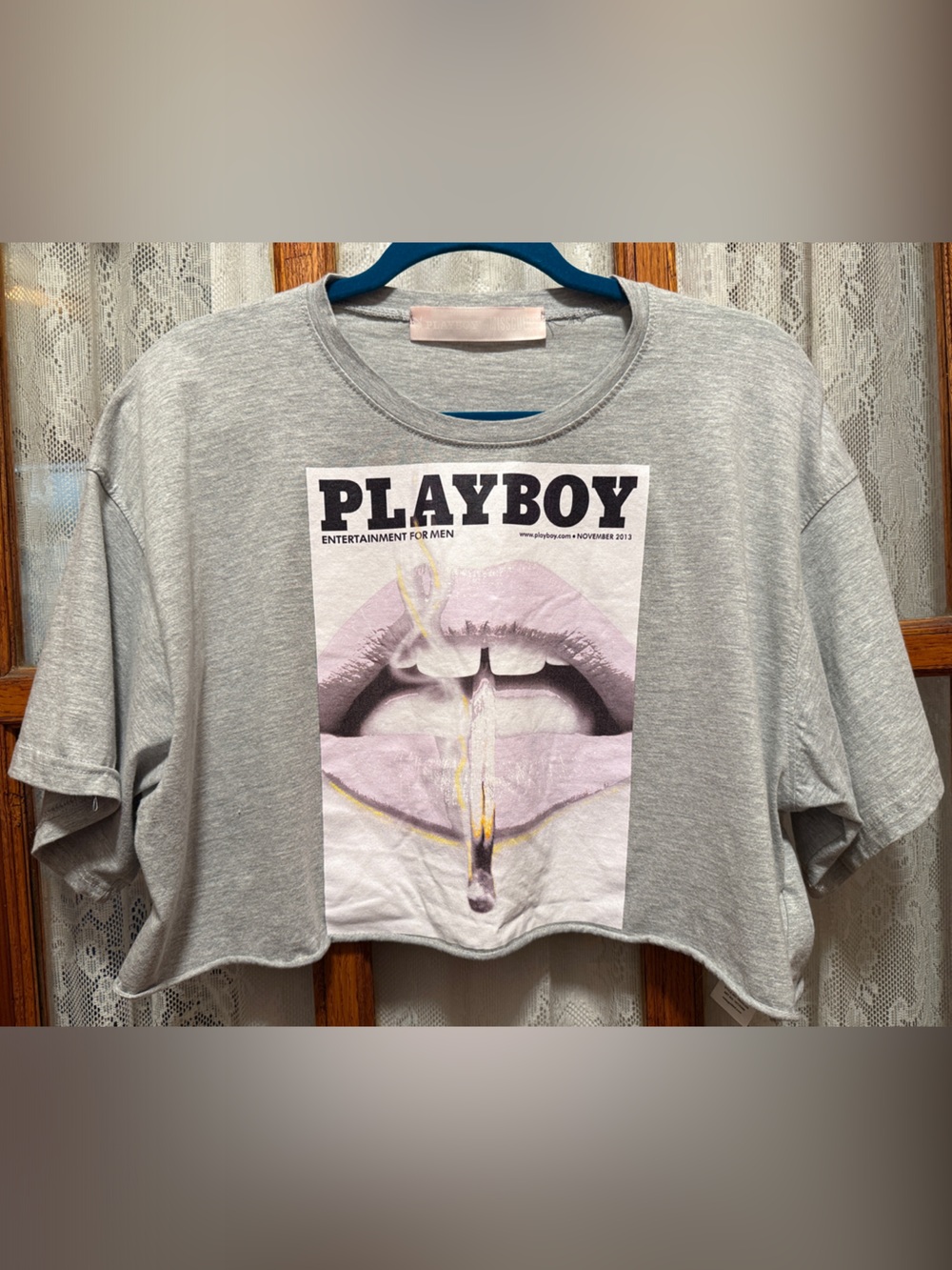 Missguided x Playboy Gray Crop Tee with Pink Lip Graphic